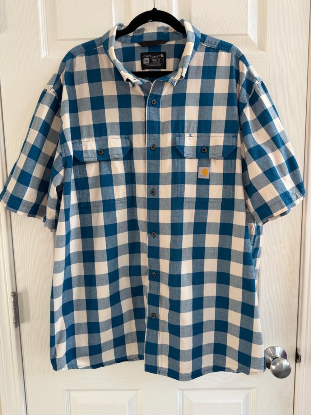 Carhartt Blue and Cream Check Short-Sleeve Button-Up Shirt